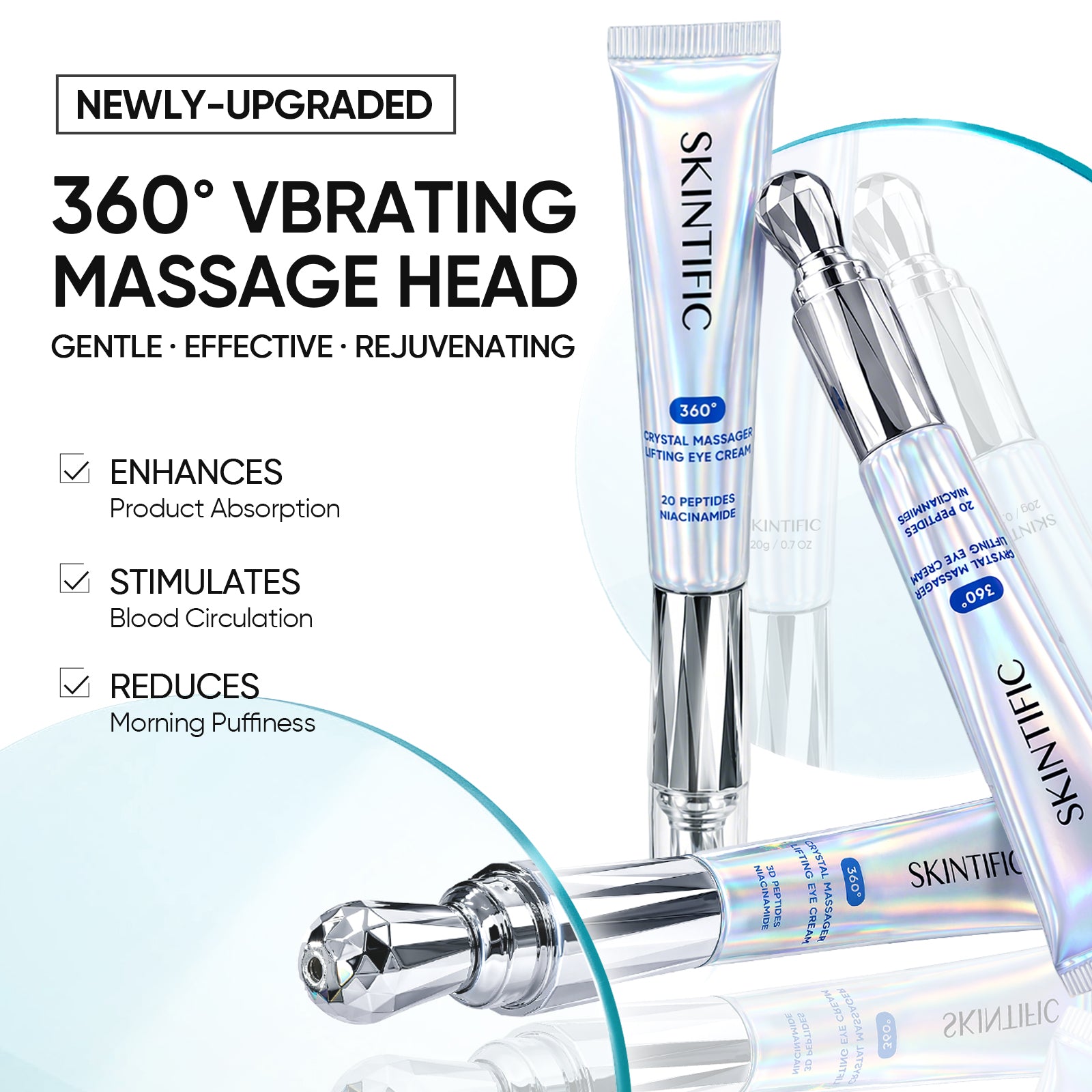Crema lifting para el contorno de ojos con masajeador de cristal de 360°