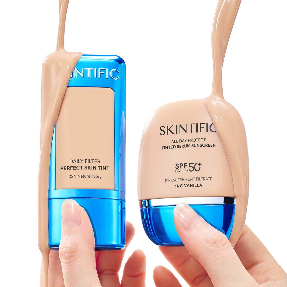 Skin tint and tinted sunscreen finishes shown on skin in consistent lighting.