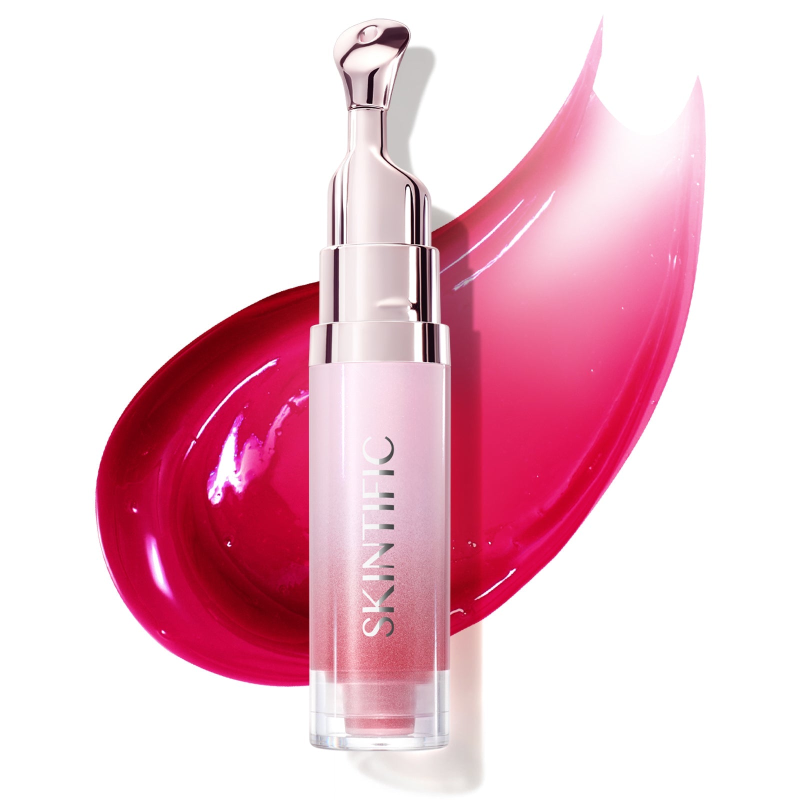Pink serum bottle with metallic applicator against vibrant pink skincare product smear
